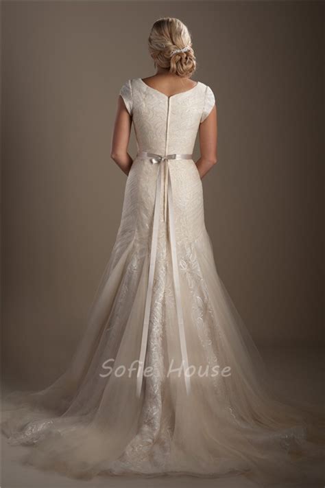Modest Mermaid Cap Sleeve Champagne Tulle Ruched Wedding Dress With Sash