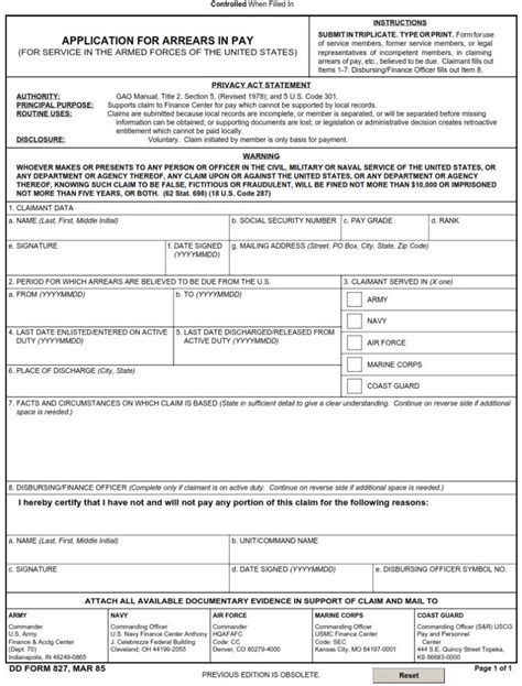 Dd Form 827 Application For Arrears In Pay Dd Forms