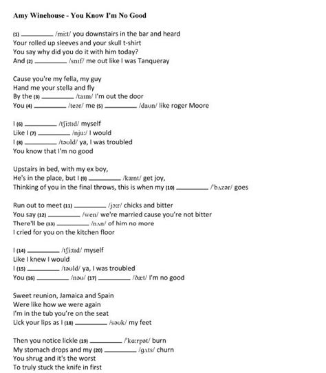 I dm told ya, i was am trouble. Song Worksheet: You Know I'm No Good by Amy Winehouse