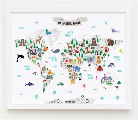 Animal World Map For Kids Map Art World Map Printable Nursery Etsy In