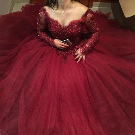 Burgundy Long Sleeves Quinceanera Dress Sweet 15 Dresses Ball Gown Wed