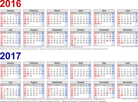Two Year Calendars For 201617 Word And Excel