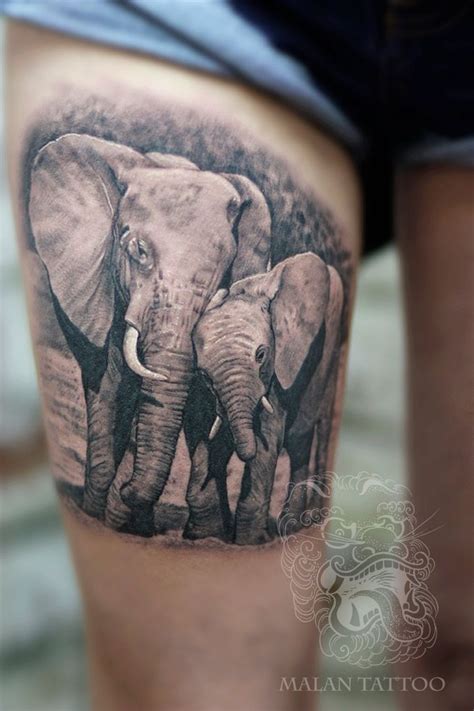 2 Elephants Tattoo In Black And Gray On The Upper Thigh Black And Gray Realism Grey Tattoo