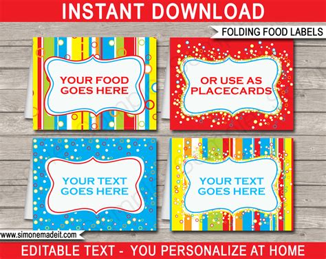 Use my removable stickers to label your leftovers each template contains the sticker content placed inside our 12 sticker areas. Colorful Food Labels | Place Cards | Printable Birthday ...