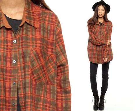 Flannel Plaid Shirt 90s Button Up Grunge Orange 1990s Etsy Plaid