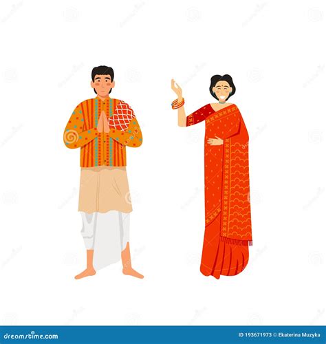 Indian Man And Woman Wearing Traditional Clothing Vector Flat Isolated
