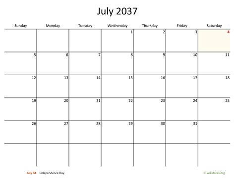 July 2037 Calendar With Bigger Boxes