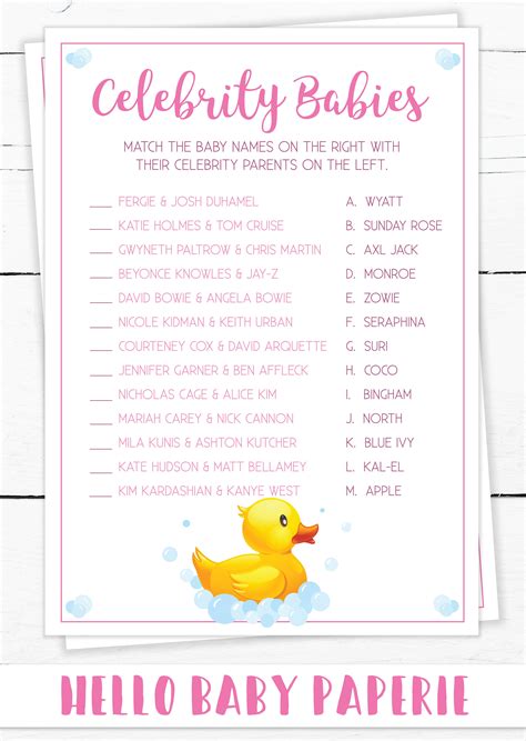 Celebrity Baby Match Game Girl Baby Shower Games Baby Shower Games