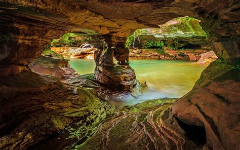 Nature Landscape Water Rock Cave Lake Moss Wet Long Exposure Wallpapers Hd Desktop And