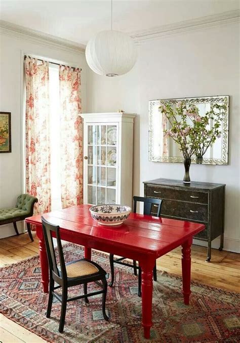 Red Table Is Perfect With White Walls And Wood Furniture Red Dining