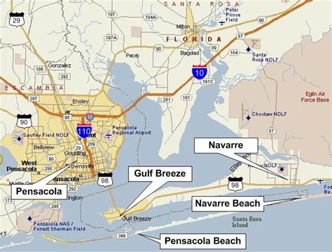 Close Up View Of The Map Where Pensacola Gulf Breeze And Of Course