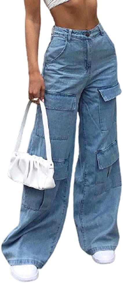 Women Low Waist Cargo Jeans Straight Wide Leg Baggy Denim Pants Y2k