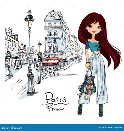 Vector Fashion Girl In Paris Stock Illustration Illustration Of