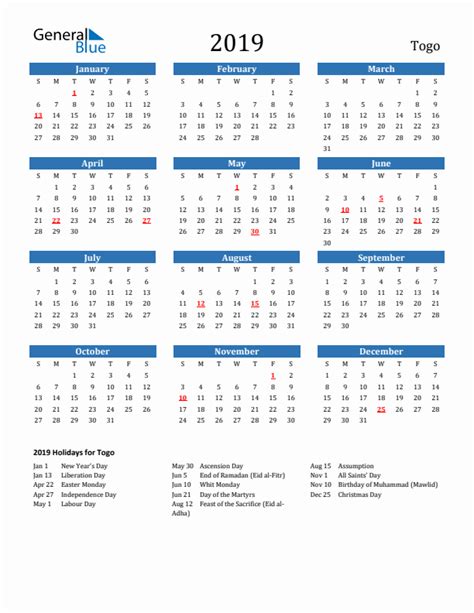 Togo 2019 Calendar With Holidays
