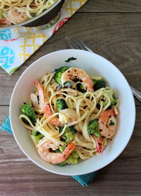 The recipe combines fettuccine noodles, with gulf shrimp in a creamy sauce made from milk and cream cheese. Broccoli Shrimp Alfredo Recipe | The McCallum's Shamrock Patch