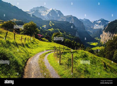 Breathtaking Alpine Scenery With Green Meadows And Snowy Mountains