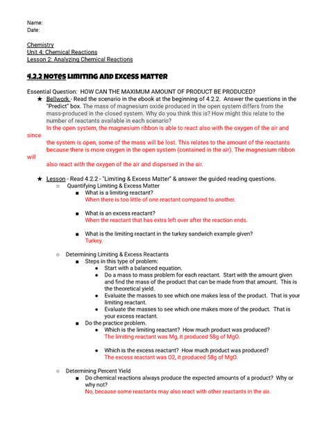 Unit 4 - Lesson 2 - Exploration 2 Notes - Name: Date: Chemistry Unit 4