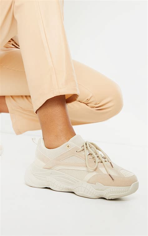 Sand Bubble Sole Mesh And Faux Suede Trainers Prettylittlething Qa