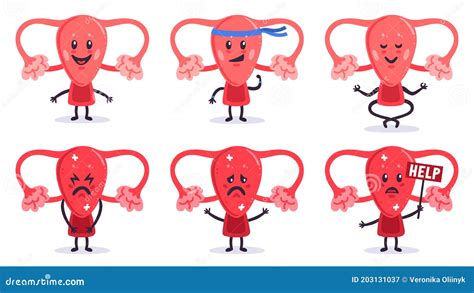 Cute Uterus Characters Healthy And Sick Women Uterus Organ Mascots