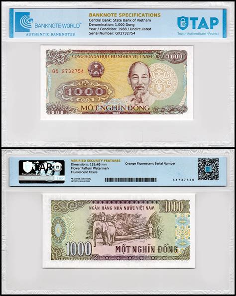 Vietnam 1000 Dong Banknote 1988 P 106a Unc Tap Authenticated