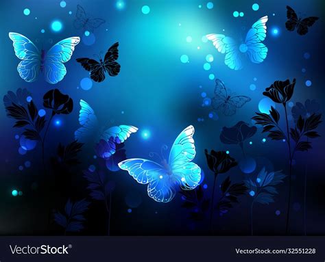 Bright Glowing Butterflies On Blue Night Glowing Background With