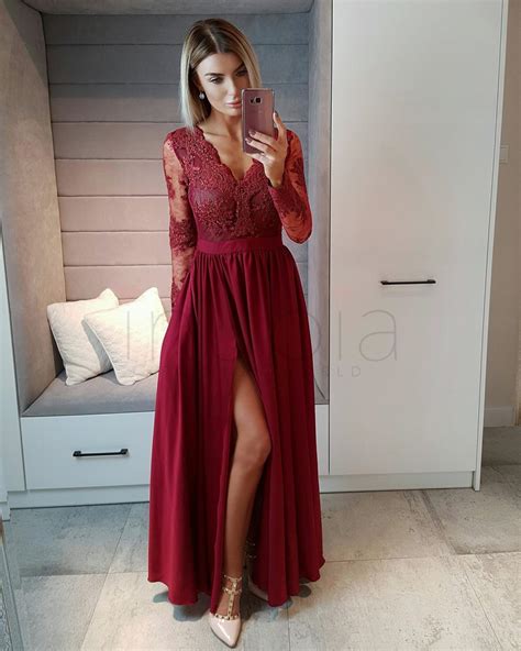 Long Sleeves Wine Red Prom Dressformal Occasion Dress Burgundy Prom