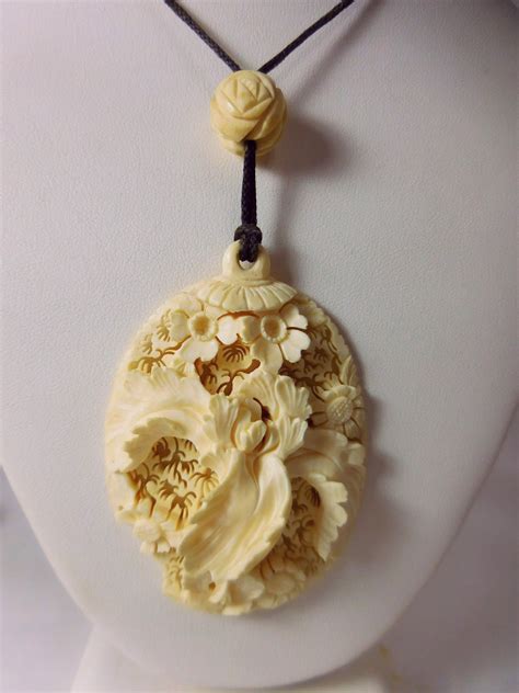 Antique 3 Carved Pre Ban Ivory Iris Pendant Carved Stone Jewelry