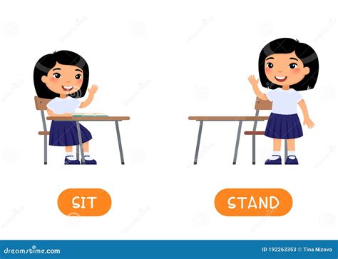 Opposites Concept Stand And Sit Educational Word Card With School Kid