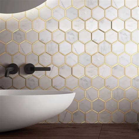 White With Gold Honeycomb Hexagon Marble Mosaic Tile Bathroom Wall