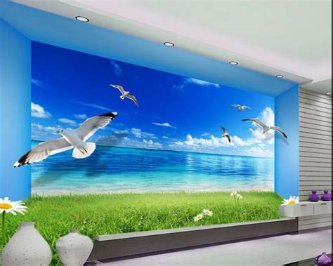 Custom Wallpaper Murals Seaview Seagulls Scenery Painting Wall Mural