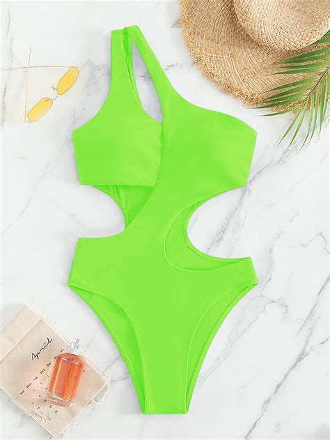 SHEIN Swim BAE Neon Lime Cut Out One Shoulder One Piece Swimsuit