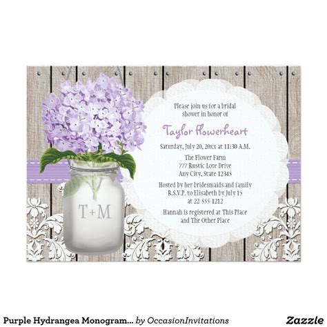 Purple Hydrangea Monogram Mason Jar Bridal Shower 5x7 Paper Invitation