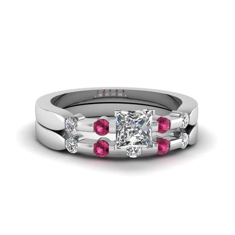Princess Cut Delicate Diamond Wedding Ring Set With Pink Sapphire In