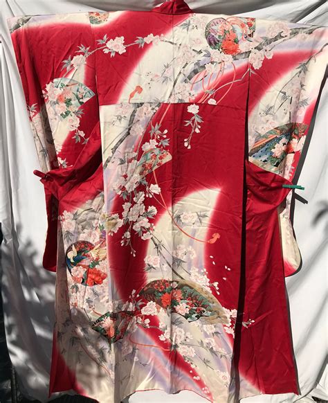 Japanese Genuine Kimono Red White Printed Silk Fans Etsy In 2022