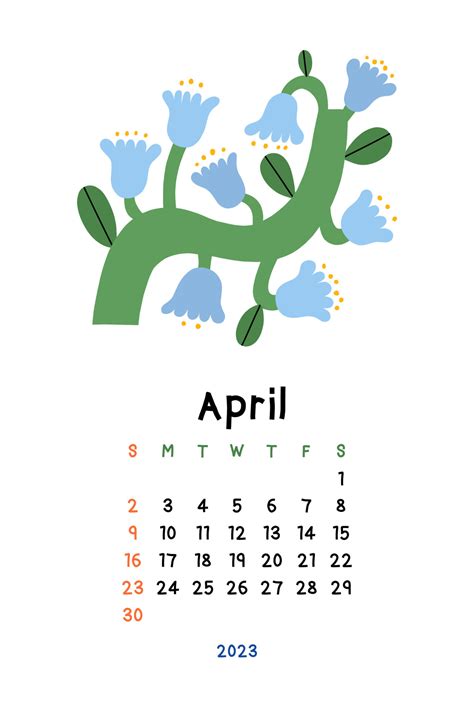Beautiful Floral Calendar April 2023 Botanical Printable Vector