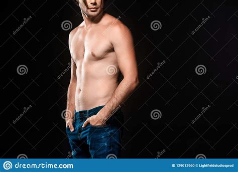 Partial View Of Shirtless Man In Jeans Posing Stock Photo Image Of