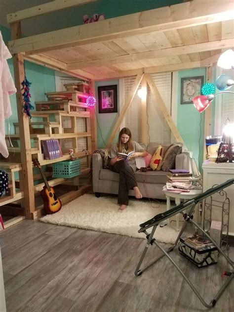 Bunk beds come in the usual style with two mattresses but there are also lofted bed options that can be used for a desk area or an entertainment space. Tween girls loft bedroom. My husband built this with ...