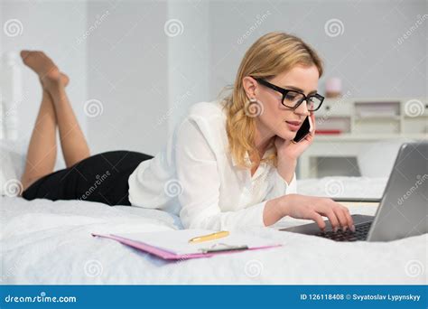 Businesswoman Working Laptop In Bed Stock Photo Image Of Workplace