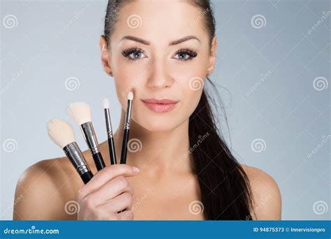 Beautiful Woman Holding Make Up Brushes Stock Image Image Of Brush