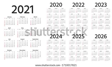 Calendrier 2021 2022 2023 2024 2025 Image Vectorielle De Stock