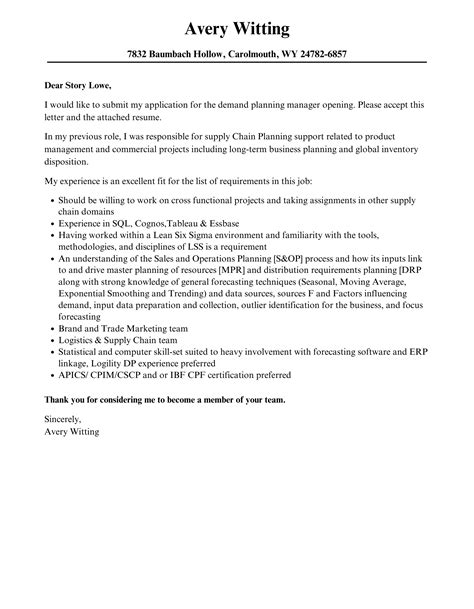 Demand Planning Manager Cover Letter Velvet Jobs