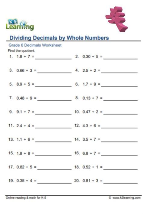 Grade 6 Printable Worksheet6 Division Of Decimals Check For Ans