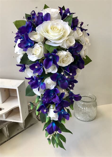 Blue Orchids White Roses Diamantés Teardrop Bouquet Orchid Wedding