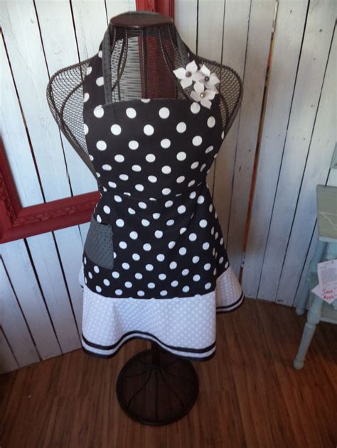 black and white polka dot apron with grey accents handmade flowers polka dot aprons modern