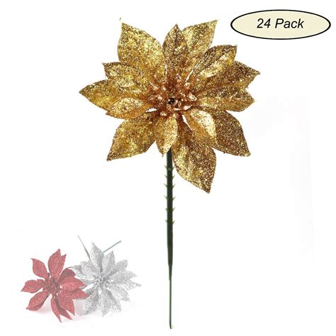 24 Pack Sparkling Gold Glitter Poinsettia Flower Picks 4 Inch Craft