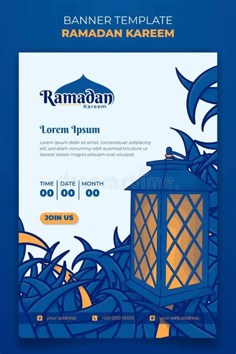 Ramadan Kareem Banner Template With Lantern An Blue Grass In Hand Drawn