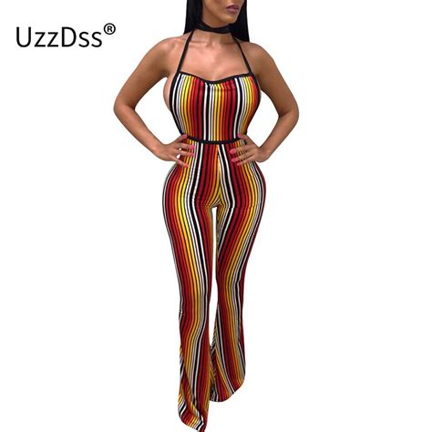 Uzzdss Colorful Striped Rompers Womens Jumpsuit Sleeveless Halter Backless Overalls For Women