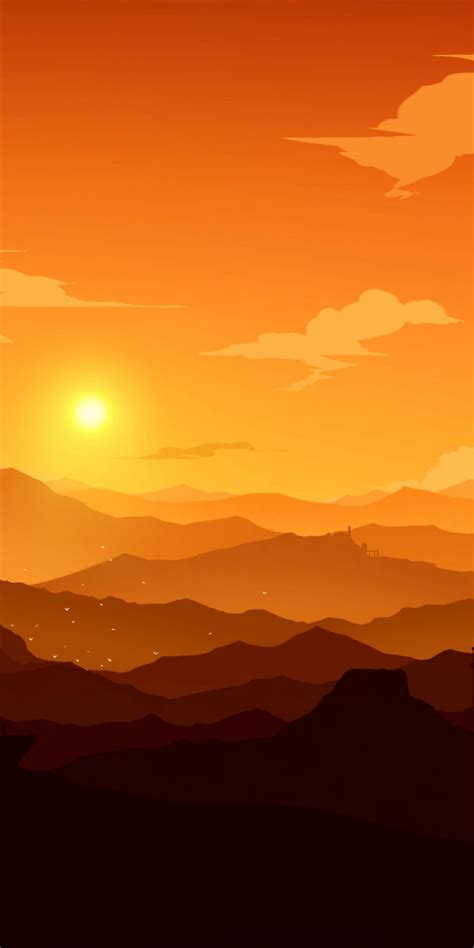 1080x2160 Mountains Horizon Castle Sunset Art Wallpaper Scenery