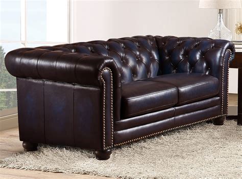 Dynasty 100 Genuine Leather Chesterfield 3 Pc Sofa Set In Navy Blue