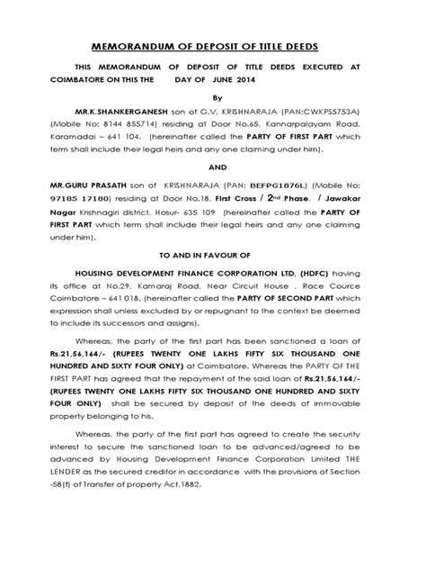 Memorandum Of Deposit Of Title Deeds Krishna Raja Mortgage Law Deed